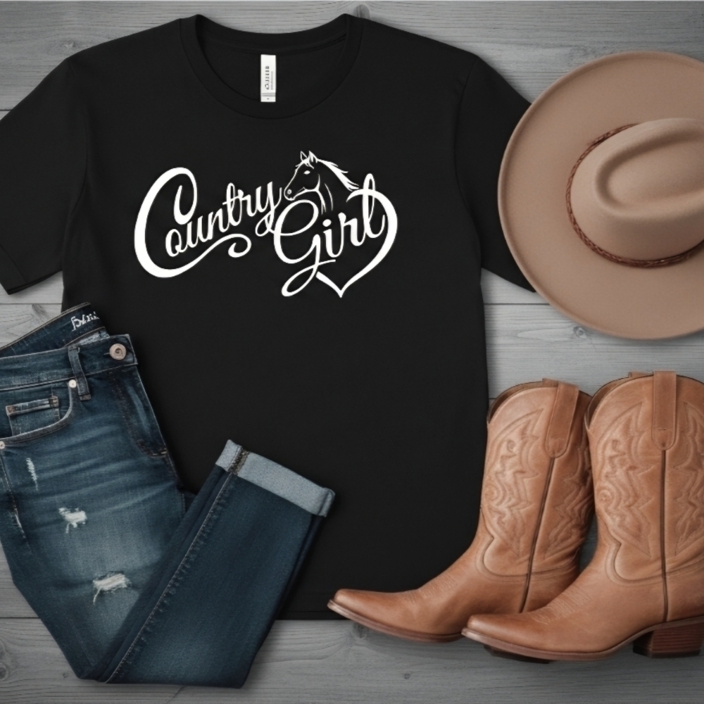 Country Girl Horse Graphic Tee • Western Cowgirl Shirt • Black Country T‑Shirt